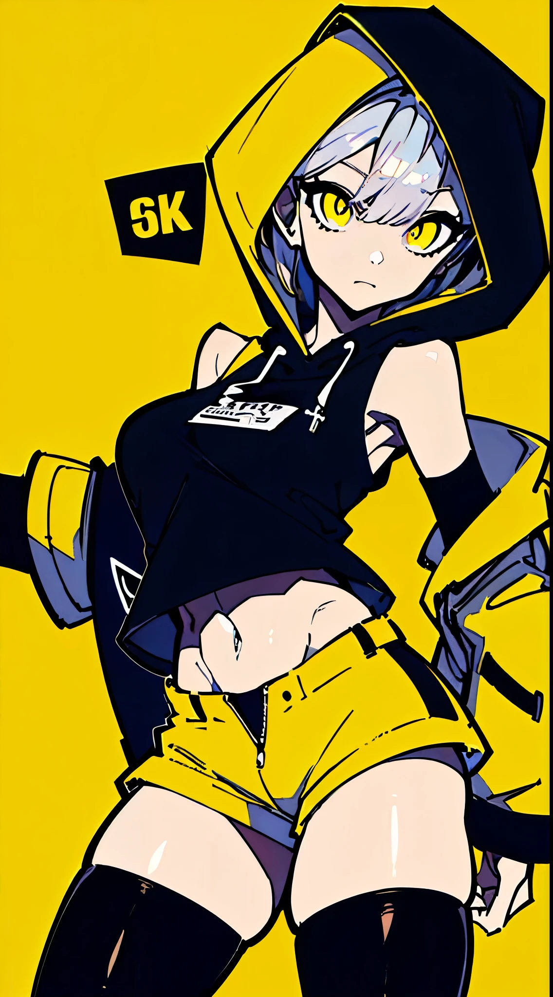 (masterpiece, highest quality:1.6), alone, thick outline, (simple background, Dark yellow background, monochrome, dark yellow theme:1.2), official art, Key Visual, 8K, disorganized, whole body, (Unique hair, Oversized Hoodies, hot pants, arch back, short torso:1.2), belly button, thighs, cowboy shot, HDR, sharp focus, High resolution, most detailed, very detailed, Super detailed, finely, detailed eyes and face, sharp pupils, realistic student