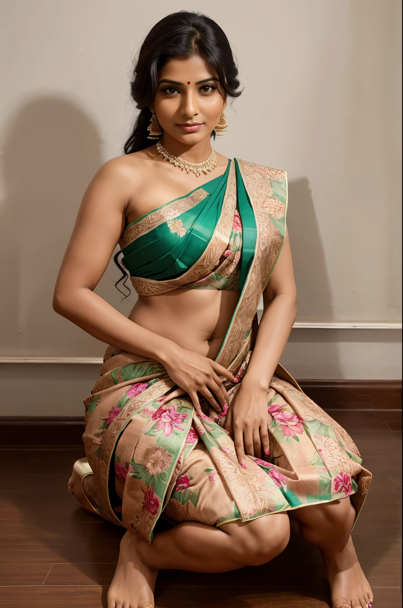 clever Indian milf, sharp jawline, wearing floral saree which is lifted upto knee with her hands so that she can expose her vagina and pussy to the viewer, she is sitting on her toes, her saree is lifted up to knees, she is showing her clitoris, vagina and pussy to the viewer,