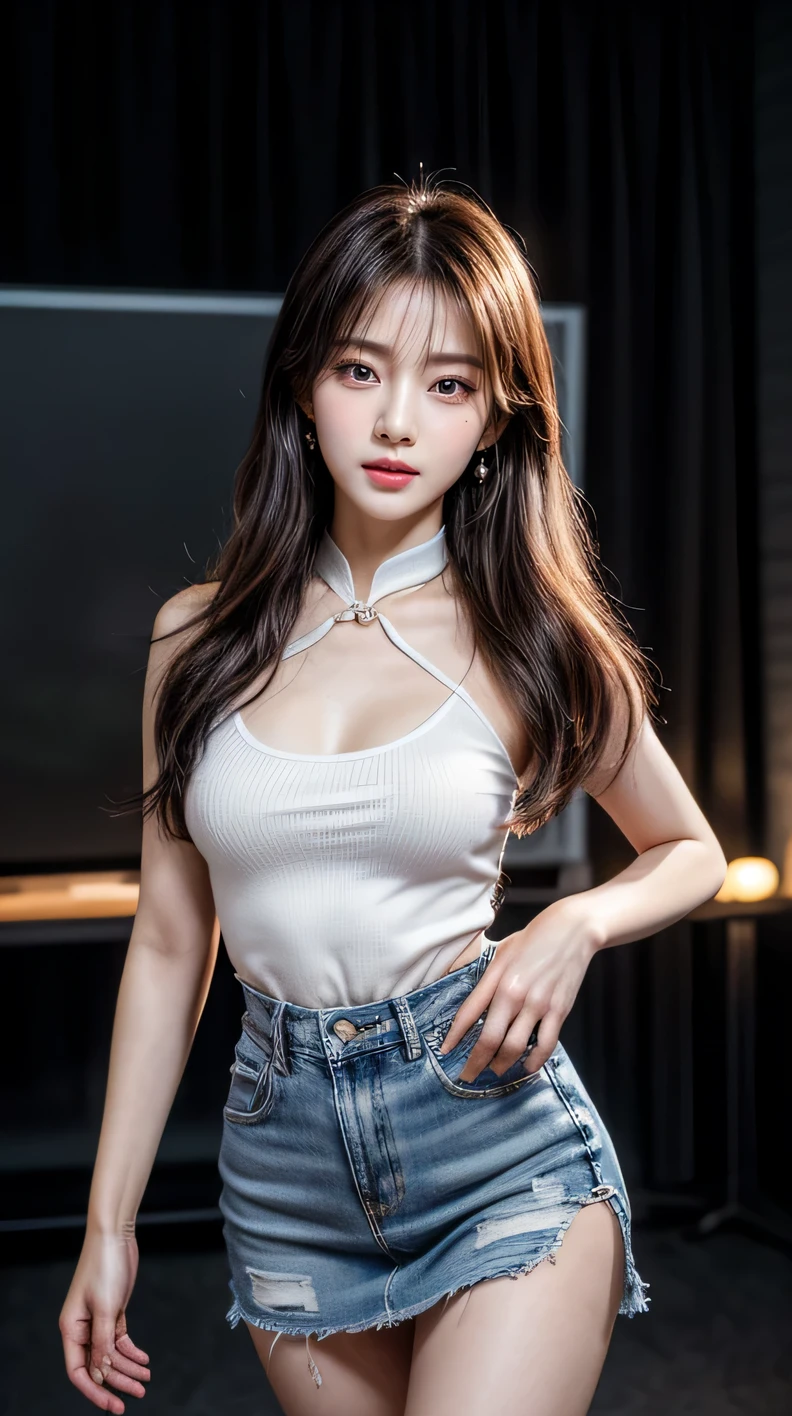 ((best quality, 8k, masterpiece: 1.3)), focus: 1.2, Wearing a emerald red cheongsam,8k ultra high definition,masterpiece级别的作品,RAW format photos,best picture quality,extreme details(1.2):Realistic reproduction,8K resolution unifies extremely detailed CG,8K diamond level exquisiteness,Wallpaper-like visual impact,Has deep depth of field、Layered light and shadow effects、Lens flash、Ray tracing technology(Amazingly beautiful face、beautiful lips、beautiful eyes),The facial details are extremely delicate(Skin texture is extremely delicate)——Depicting Korean female models,in the dark night,in deep shadow,Charming Korean girl,Just like a K-pop idol(Extremely slim and tight figure:1.3),Shown from the audience’s perspective,(Purple suspenders:1.5),(low rise denim mini skirt:1.5),Short clothing tailoring design,city night view,neon lights,Beautiful Korean girl in dark night atmosphere,Wear pearl stud earrings、lace pantyhose,eyes clear and bright,Walking posture,Has fair skin,Look directly at the front of the camera,Big eyes full of charm(Upper body close-up),A while,Back close-up,The overall image is extremely slim、Slim and elegant,Exquisite facial features,She looks a lot like actor Kim Hee Sun