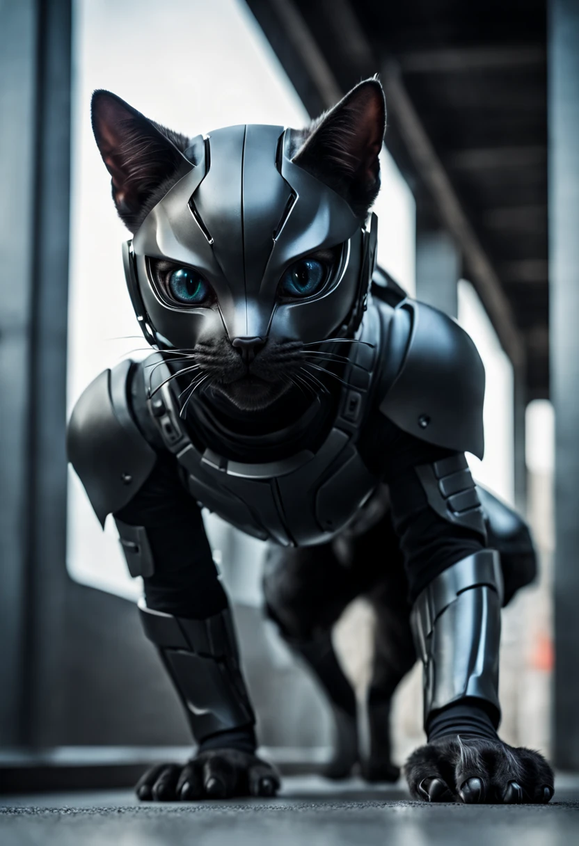 Dramatic shot of a futuristic humanoid ninja cat, stealth, Cinematic Stealth, Detailed Context Hyper-Detailed Photography, natural lighting, Nikon 70d, Diffusion souterraine, Hdr, aberration chromatique, volumetrics dtx