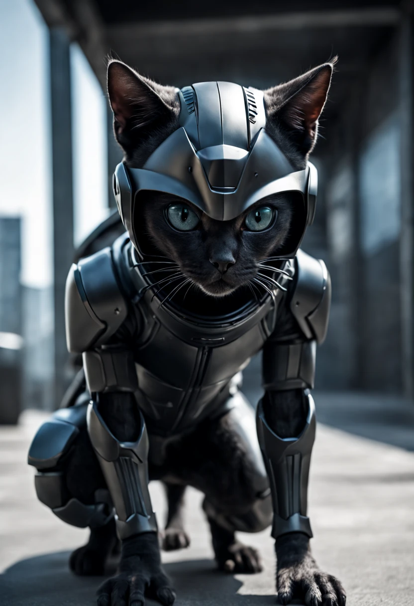 Dramatic shot of a futuristic humanoid ninja cat, stealth, Cinematic Stealth, Detailed Context Hyper-Detailed Photography, natural lighting, Nikon 70d, Diffusion souterraine, Hdr, aberration chromatique, volumetrics dtx