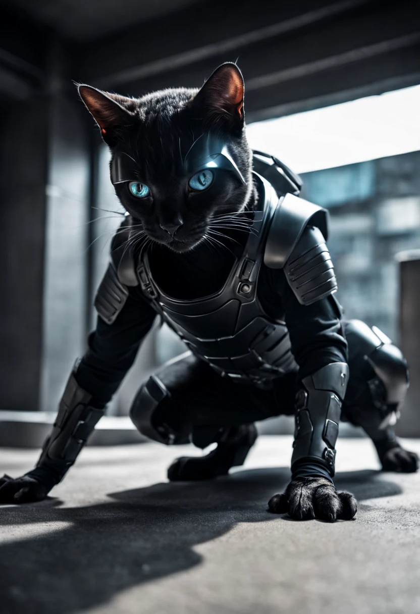 Dramatic shot of a futuristic humanoid ninja cat, stealth, Cinematic Stealth, Detailed Context Hyper-Detailed Photography, natural lighting, Nikon 70d, Diffusion souterraine, Hdr, aberration chromatique, volumetrics dtx