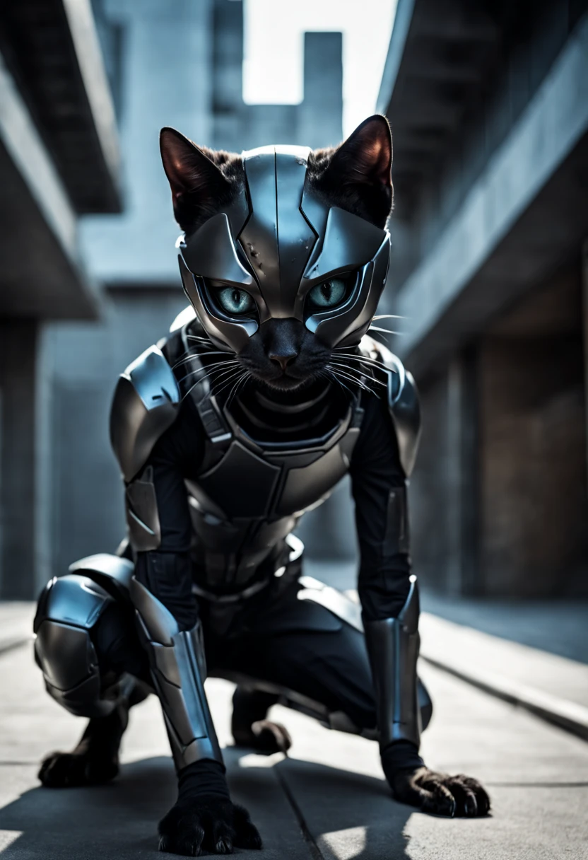 Dramatic shot of a futuristic humanoid ninja cat, stealth, Cinematic Stealth, Detailed Context Hyper-Detailed Photography, natural lighting, Nikon 70d, Diffusion souterraine, Hdr, aberration chromatique, volumetrics dtx