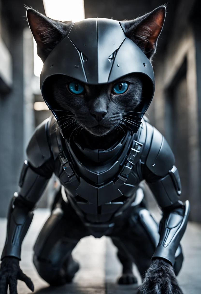 Dramatic shot of a futuristic humanoid ninja cat, stealth, Cinematic Stealth, Detailed Context Hyper-Detailed Photography, natural lighting, Nikon 70d, Diffusion souterraine, Hdr, aberration chromatique, volumetrics dtx