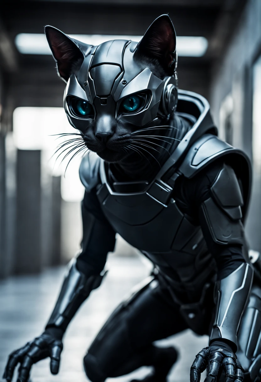 Dramatic shot of a futuristic humanoid ninja cat, stealth, Cinematic Stealth, Detailed Context Hyper-Detailed Photography, natural lighting, Nikon 70d, Diffusion souterraine, Hdr, aberration chromatique, volumetrics dtx