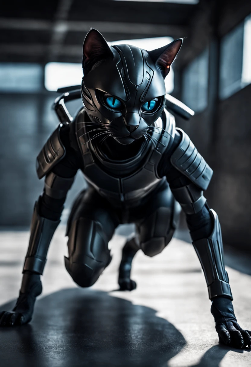 Dramatic shot of a futuristic humanoid ninja cat, stealth, Cinematic Stealth, Detailed Context Hyper-Detailed Photography, natural lighting, Nikon 70d, Diffusion souterraine, Hdr, aberration chromatique, volumetrics dtx