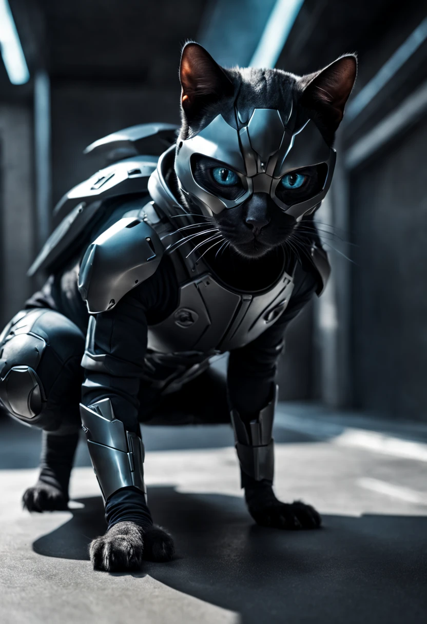 Dramatic shot of a futuristic humanoid ninja cat, stealth, Cinematic Stealth, Detailed Context Hyper-Detailed Photography, natural lighting, Nikon 70d, Diffusion souterraine, Hdr, aberration chromatique, volumetrics dtx