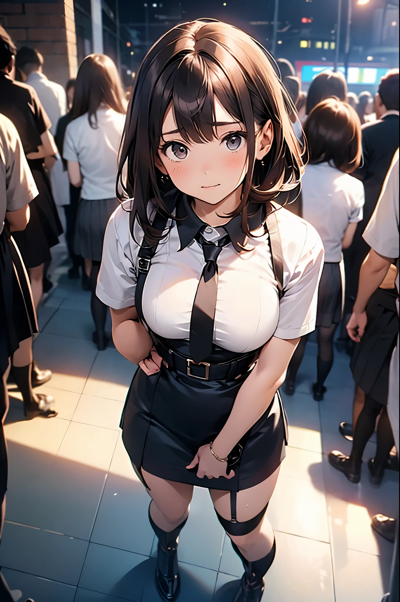 brown hair、looking at the viewer suspenders Bulging big breasts Black miniskirt garter belt knee high socks Gaze small face bangs Beauty hands up Gaze black boots provocation armpit sweat one person put your hands behind your back cutter shirt Panty shot