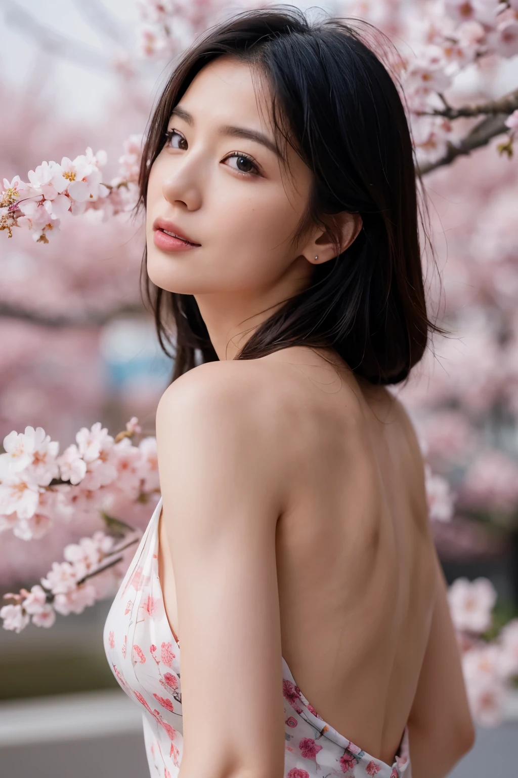 (Top Quality, High Resolution, Real: 1.37), Super Detail, Realistic Skin Texture, Beautiful Japanese Office Lady, Tattoo,  delicate cherry blossom tattoo, Vibrant Colors, Soft Natural Light