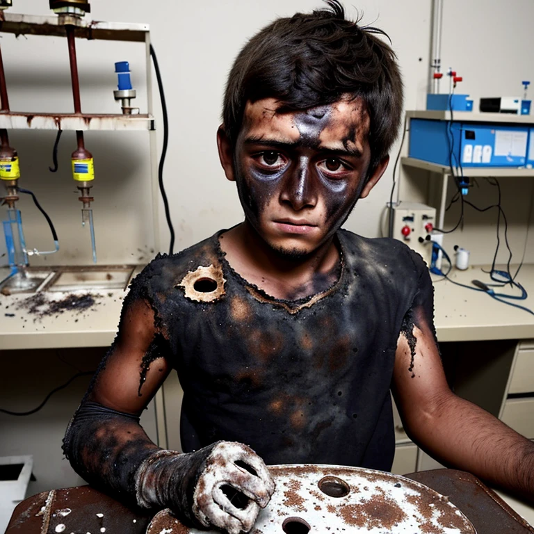 A burnt and battered boy with a failed experiment explosion in a university laboratory