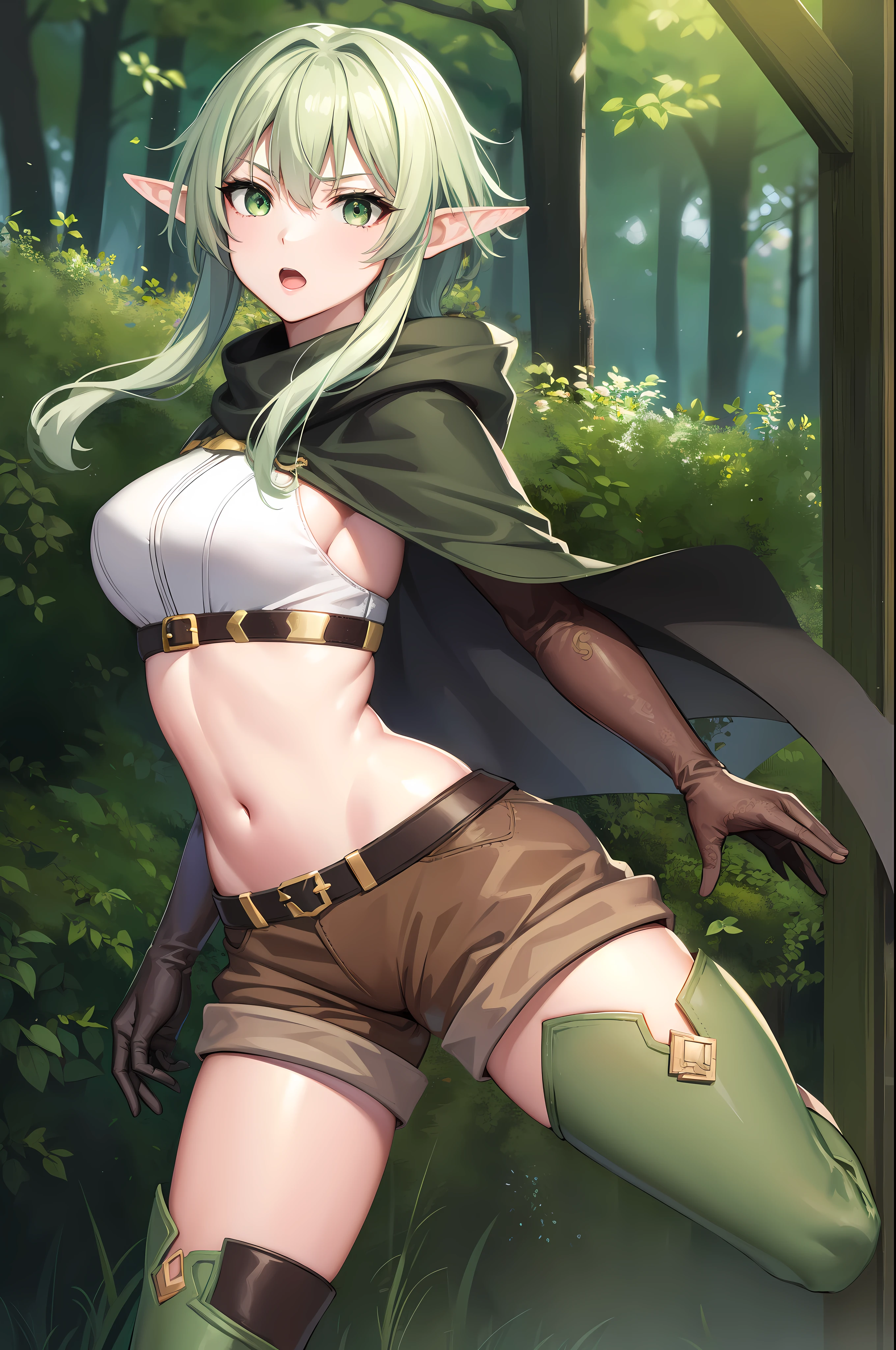 highelfarcher, high elf archer, elf, (green eyes:1.5), Green hair, hair between eyes, long hair, pointy ears, side lock,  dehisce, break asymmetrical clothes, boots, cloak, elf, Gloves, green thighs, high heel, shorts, thighs, break looking at viewer, break outdoors, Nature, forest, break (masterpiece:1.2), best quality, high resolution, unity 8k wallpaper, (illustration:0.8), (beautiful and delicate eyes:1.6), very detailed face, perfect lighting, Highly detailed CG, (perfect hands, complete anatomy), (sexy:1.4), (cute_chest)