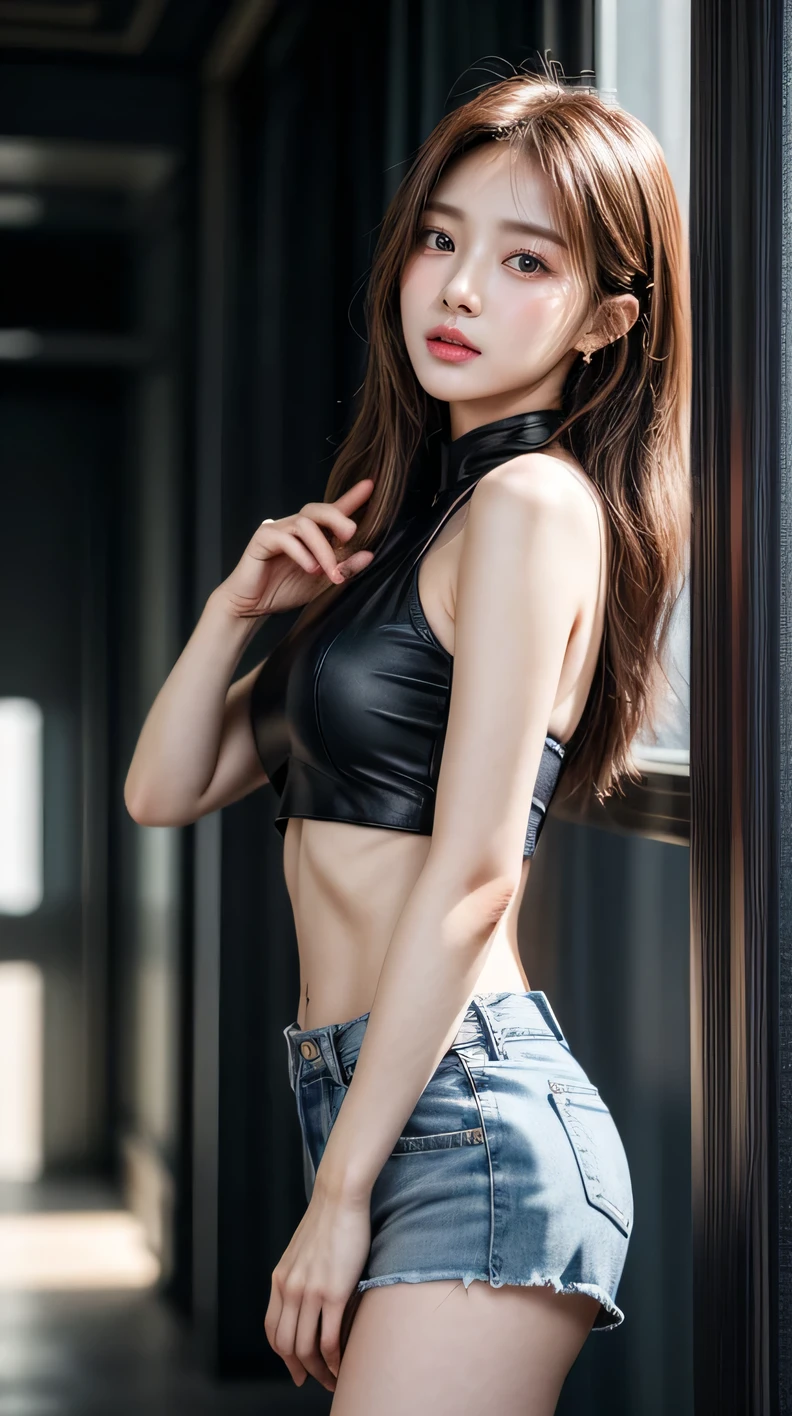 nikon RAW photo,8 k,Fujifilm XT3,masterpiece, best quality, 1girl,solo,realistic, photorealistic,ultra detailed, diamond stud earrings, long straight black hair, hazel eyes, sexy expression, slender figure, wearing a small tight red bralette with a tight leather mini skirt letting to see a cameltoe, standing against a wall in a south korean school, D cup, visible thigh gap,