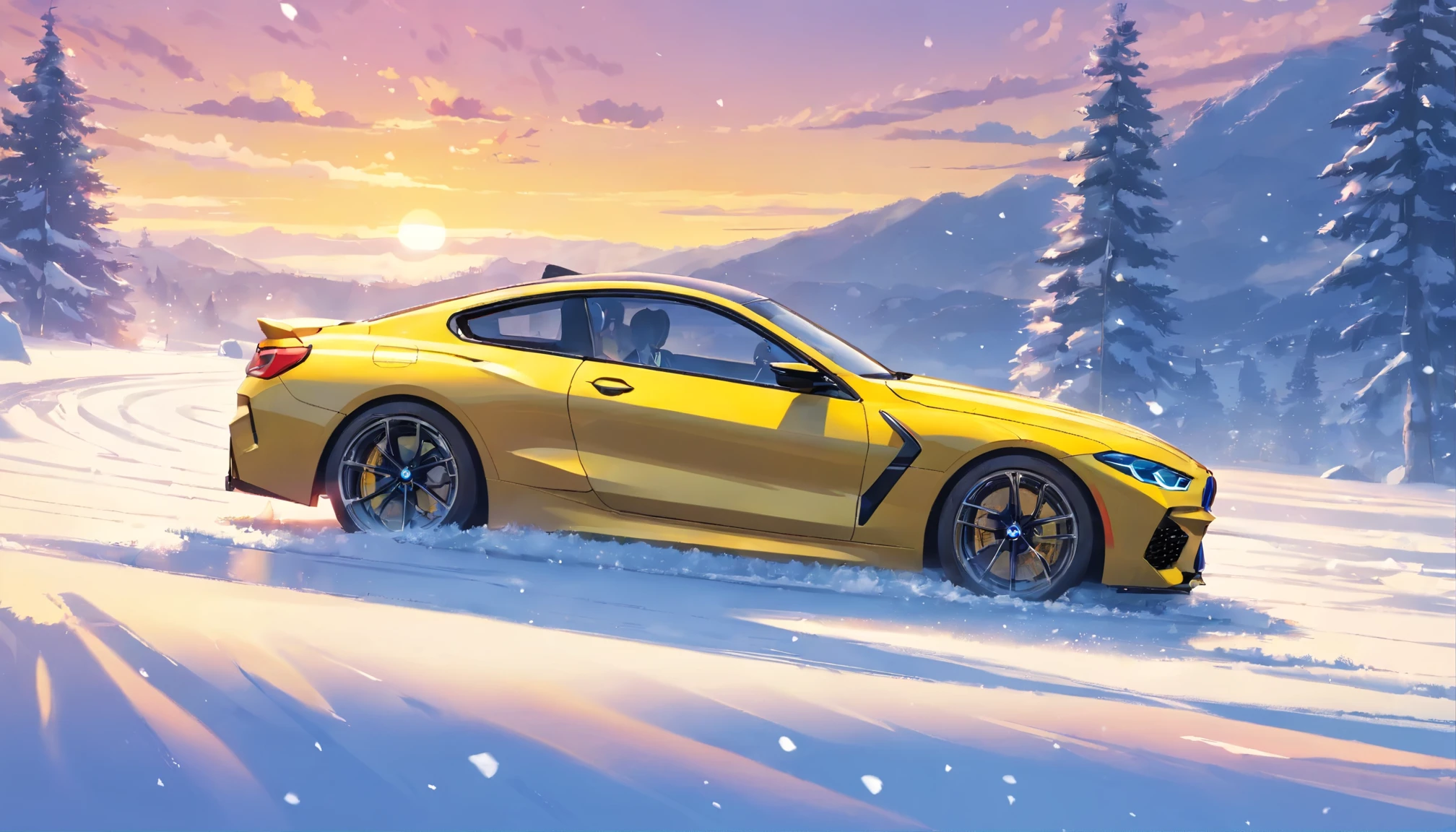 BMW m8 yellow, ride in the snow