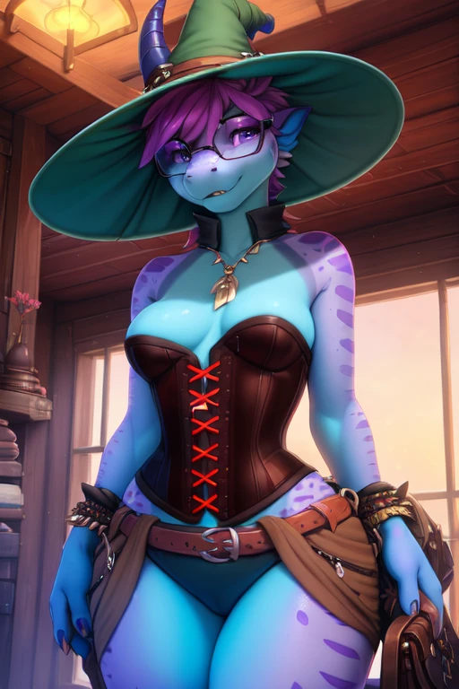 uploaded on e621, explicit content, 3d:0.4, (bastika, cutesexyrobutts, hioshiru), female, anthro lizard, two horns, uploaded on e621, explicit content, 3d, (bastika, cutesexyrobutts, hioshiru), thick thighs, big butt, Medieval, fantasy, clawed feet, round hips, (Anthro), slender waist, sluty, horny, short, piercings, punk, goth, wide hips, claweddriped, teasing, round glasses, wide hips, huge thighs, huge ass, by hyattlen, by claweddrip, by fumiko, full_body,, volumetric lighting, erection, skygracer, by skygracer, by kenket, Ross Tran, ruan jia, zaush, foxovh, by Zackary911, by hyattlen, by teranen, by fumiko, by Pixelsketcher, by Bayard Wu, by Thomas Benjamin Kennington, by Einshelm, by Kilinah, by Coffeesoda, by Hioshiru, by fluff-kevlar, by r-mk, by Dimwitdog, attractive body, sexy body, curvy body, ((masterpiece)), ((best quality)), ((cinematic lighting)), ((countershading)), ((detailed background)), day time, two-tone, huge hips, (macro:1.5), wide hips, (huge butt:1.5), uploaded on e621, explicit content, 3d:0.4, (claweddriped), large eyes, relaxed expression, steamy, stone, cozy, wet, neck tuft, fluffy neck,, narrow shoulders, (scalie), kobold, witch hat, purple scales, alchemy, loin clothing) corset, lose belt, bag, standing, in alchemy shop, tunic,