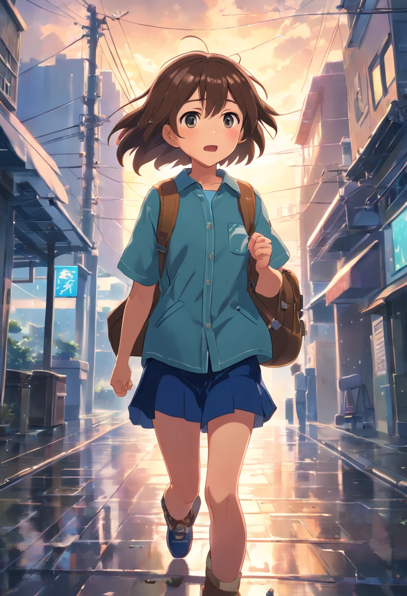 (best quality, highres, ultra-detailed, photorealistic:1.37), vibrant colors, a little girl with brown hair carrying a backpack, scared expression, exploring outdoors, stormy weather, anime style