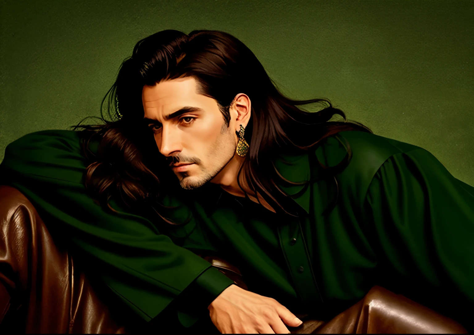 Dark green poet sleeve silk top,black pants,Brown leather boots that go below the knee,Vintage pattern,long hair,black hair,Low ponytail,White skin,Single ear piercing,no beard,Mature,Handsome,gentle,man,Europe and America,front,whole body
