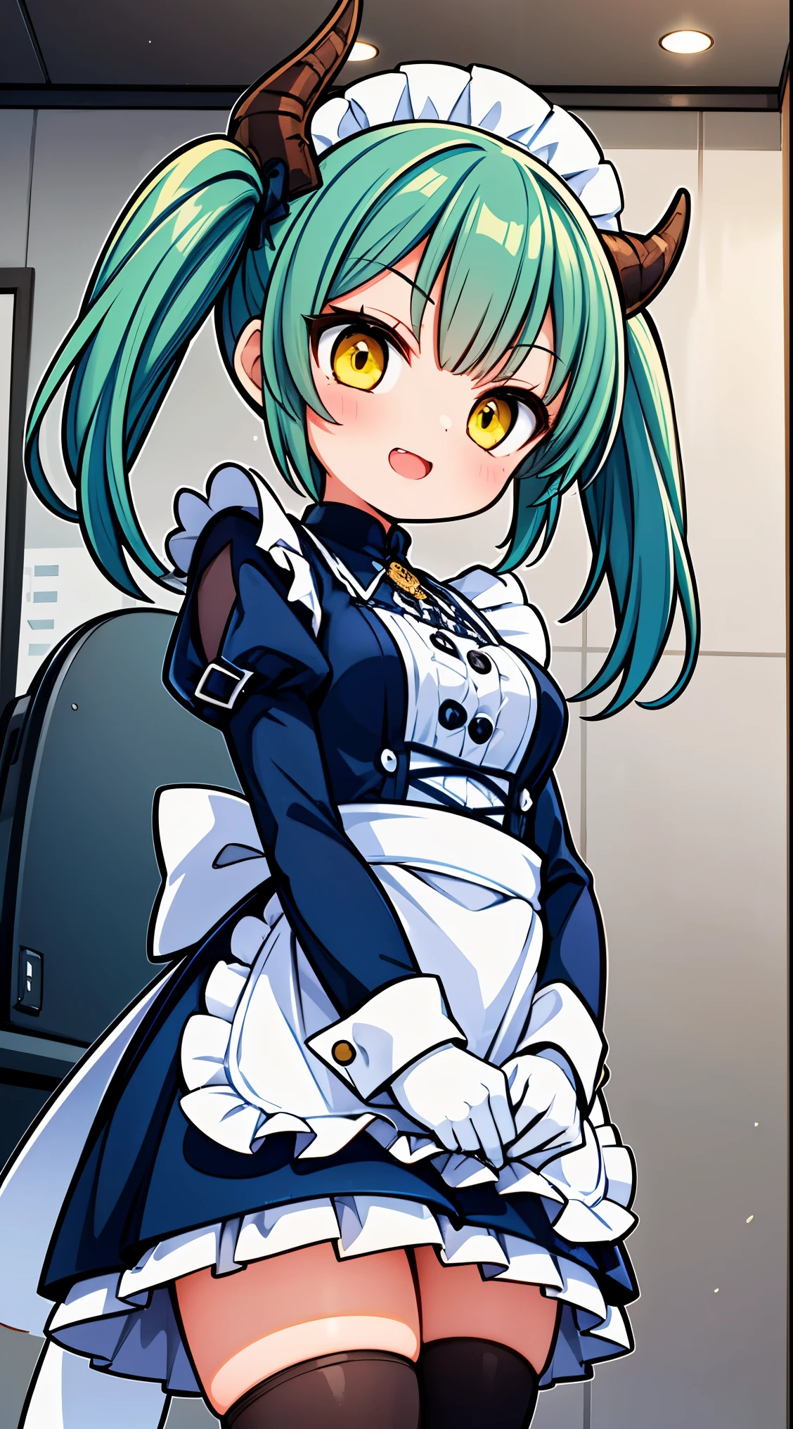 (super fine illustration:1.2),(masterpiece, 8k), (best quality, high quality:1.4), perfect anatomy, hyper detailed, ultra detailed,masterpiece background,beautiful detailed background, v8k wallpaper,perfect design,award-winning art,atmospheric,
BREAK, 1 beautiful girl, (17 year old girl),alone,(cute:1.5),(Little:0.6),(cute:1.5),(change:0.5),break, :d, (twin tails, green hair, horn, long hair:1.35), (yellow eyes, double, slanted eyes:1.45), blush, double teeth, ((D cup breasts))), heart, sight, maid, /maid dragon/, dragon tail, (long eyelashes, double eyelids, thin eyebrows:1.2), alone, glowing skin, beautiful skin, beautiful skin, (highest quality face), (highest quality slanted eyes), maid outfit, gloves, open your mouth, short sleeve, smile, white gloves,(The best smile,smug face:1.45), BREAK,
(blue dress:1.2),(white apron:1.2),(smile:1.2), glossy lips,spread arms,
BREAK
outdoors,flower garden,
BREAK,wakame,wakame,wakame,(from below,cowboy shot:1.5) , nose blush, heavy breathing, steam, ((:o):1.2),walking,
BREAK ,(Blurry background:1.3),(absurderes, hight resolution, Super Detail Art),cel shading,Clear Color, Lonely optical effect, Beautiful pictures, Bright glow, mystic atmosphere,(Close-up of girl:0.8), Mystical light particle effect,manga influence, clean line drawings,