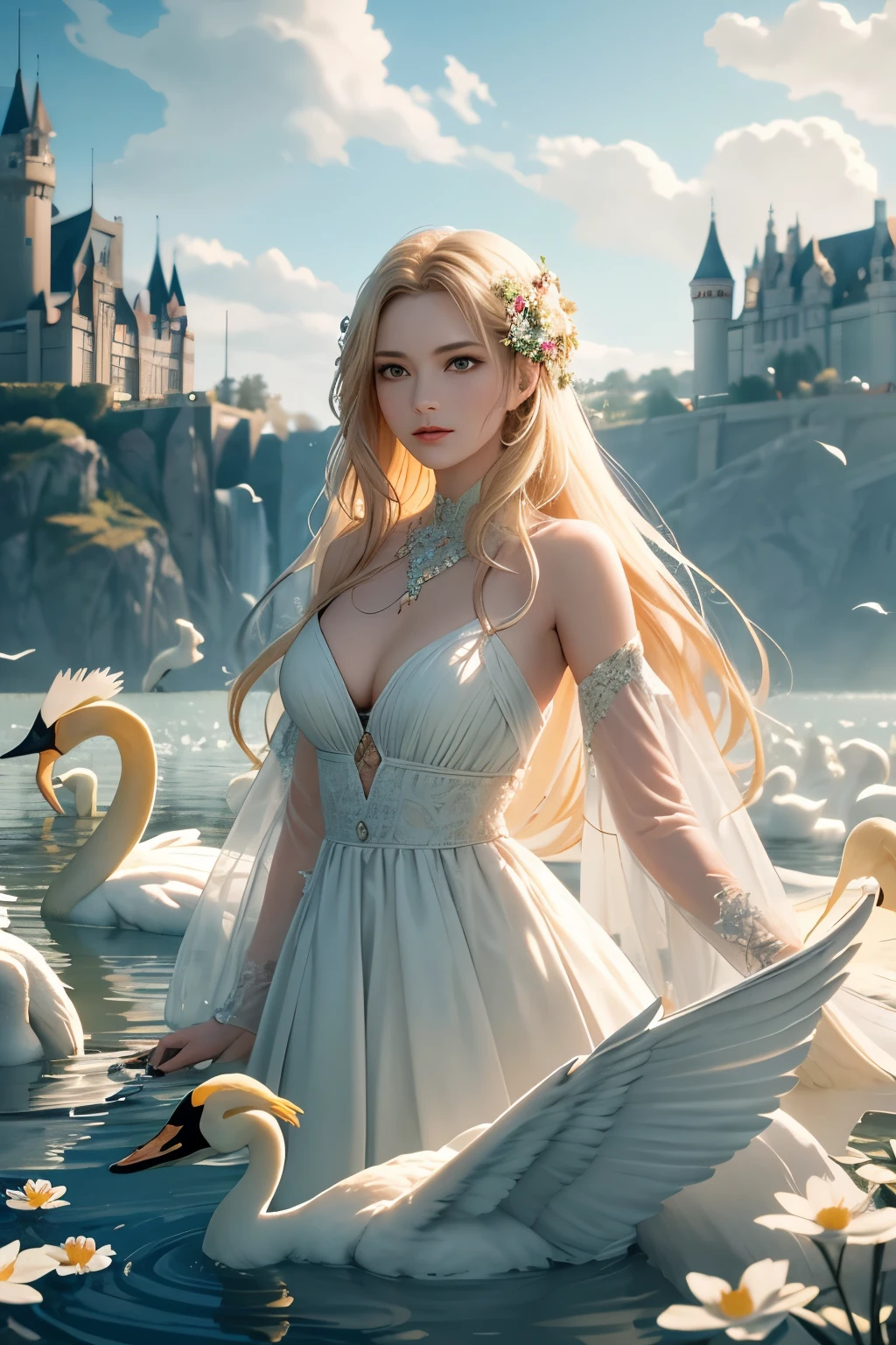 Flowers like castles from a golden spring tower over a beautiful Lady fare, in the spring of eternal youth she bathes her alabaster form to a symphony of trumpeter swans they fly in a sunbeam sky of assure and cotton cloud an extreme 90 meters long shot octane render, high quality hyperdetailed 24k photorealistic