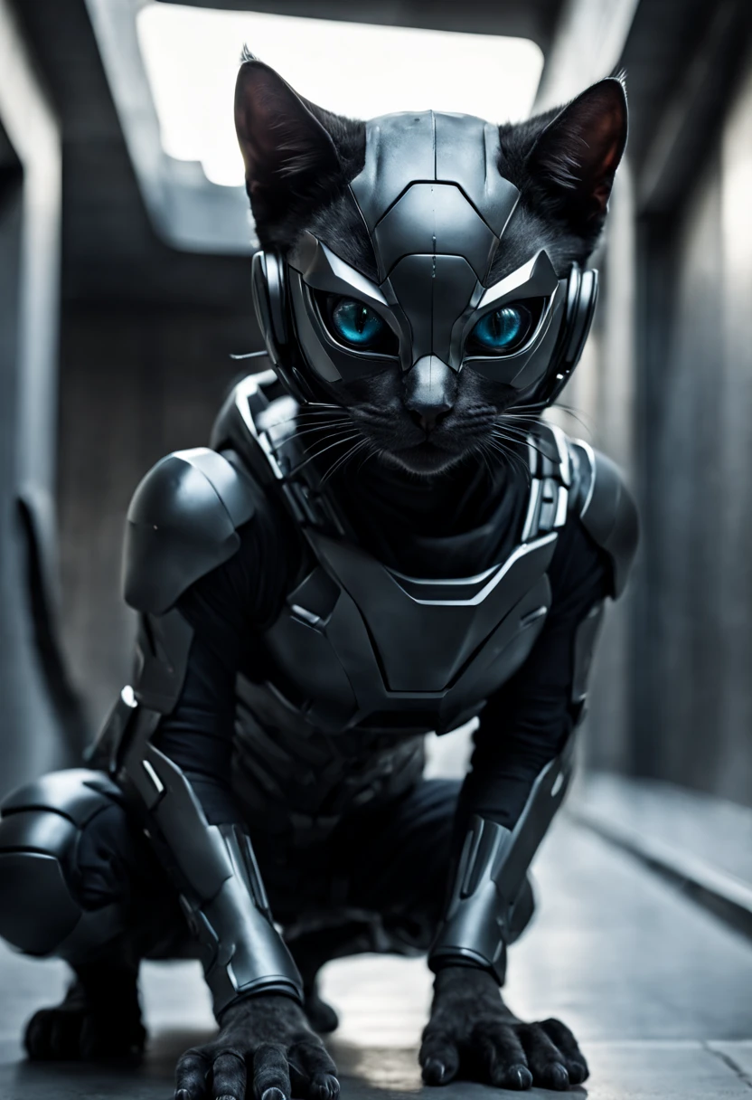 Dramatic shot of a futuristic humanoid ninja cat, stealth, Cinematic Stealth, Detailed Context Hyper-Detailed Photography, natural lighting, Nikon 70d, Diffusion souterraine, Hdr, aberration chromatique, volumetrics dtx