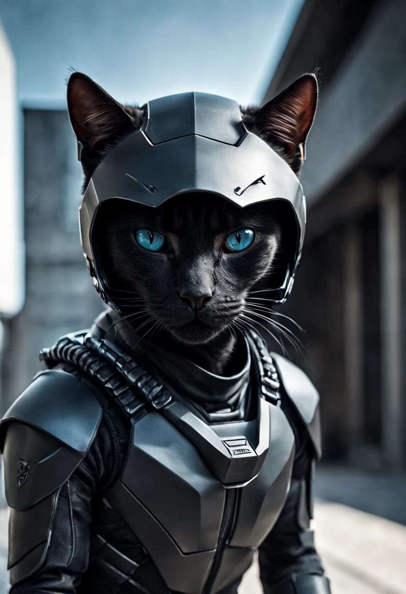 Dramatic shot of a futuristic humanoid ninja cat, stealth, Cinematic Stealth, Detailed Context Hyper-Detailed Photography, natural lighting, Nikon 70d, Diffusion souterraine, Hdr, aberration chromatique, volumetrics dtx