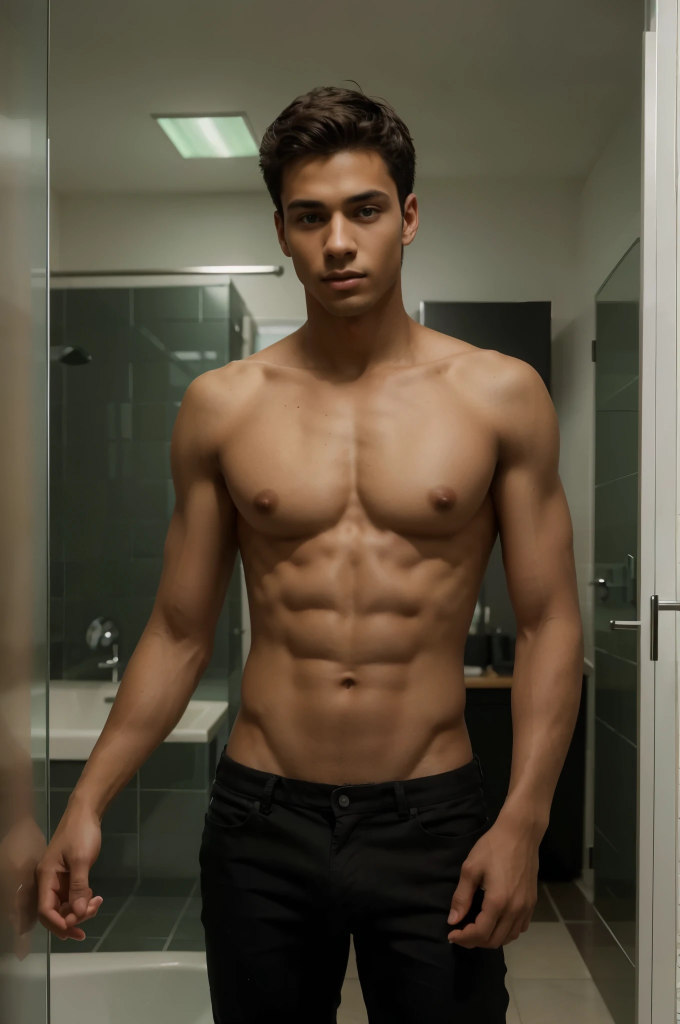 "Ultra-realistic image of a handsome young man of approximately 18 years old, black, green eyes, thin body, shirtless."