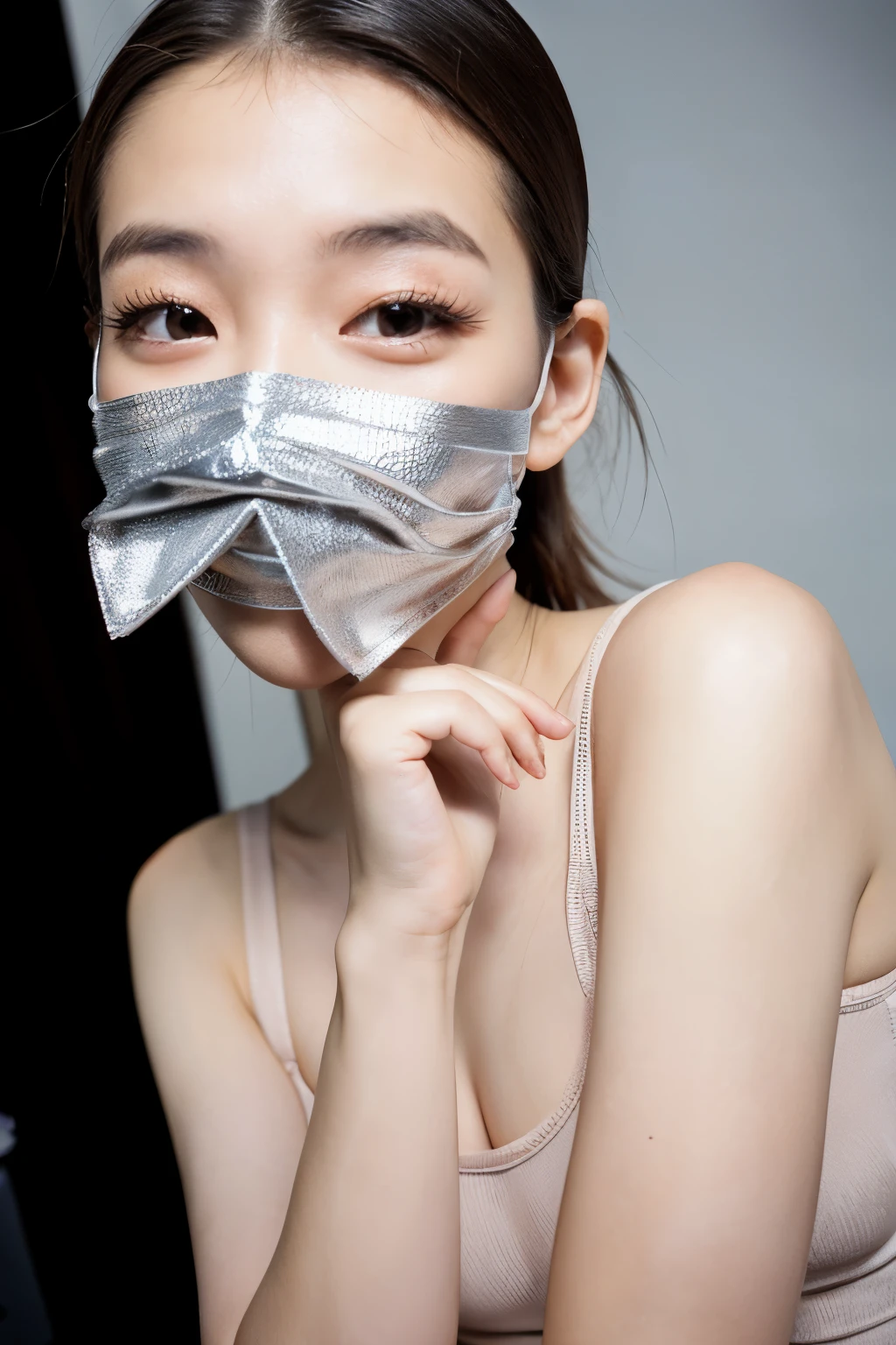 ((Everything except the face is covered by tights)), ((woman)), (silver),luster、 