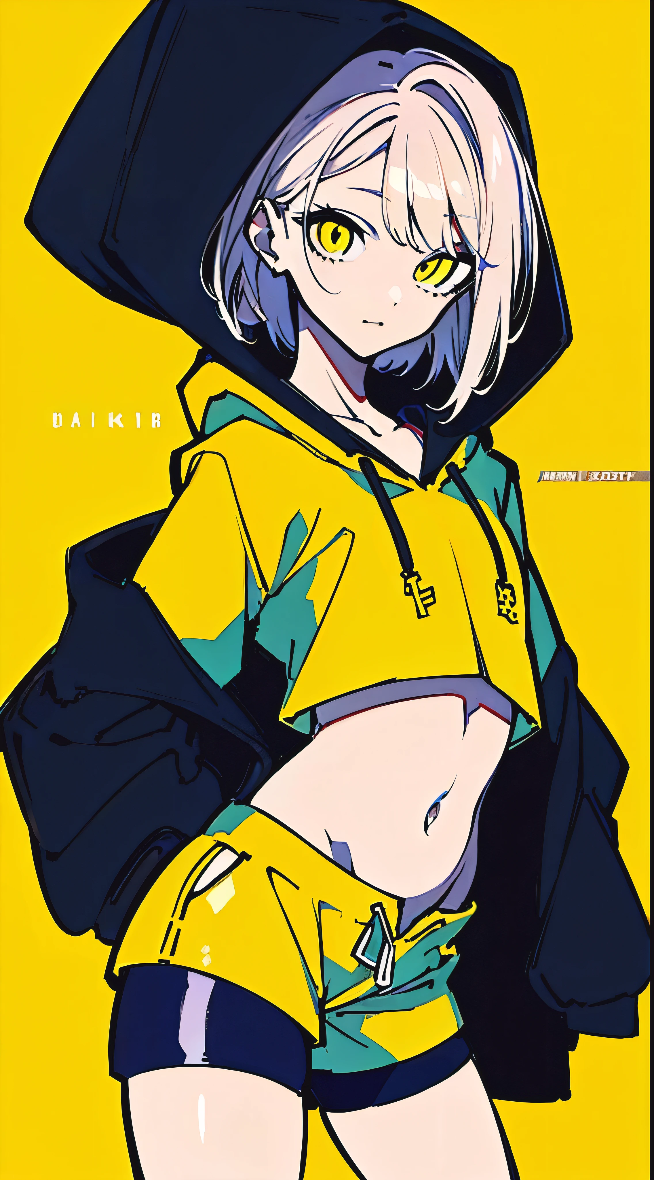 (masterpiece, highest quality:1.6), alone, thick outline, (simple background, Dark yellow background, monochrome, dark yellow theme:1.2), official art, Key Visual, 8K, confused, whole body, (Unique hair, oversized hoodie, hot pants, arch back, short torso:1.2), belly button, thighs, cowboy shot, HDR, sharp focus, High resolution, most detailed, very detailed, Super detailed, finely, detailed eyes and face, sharp pupils, realistic student