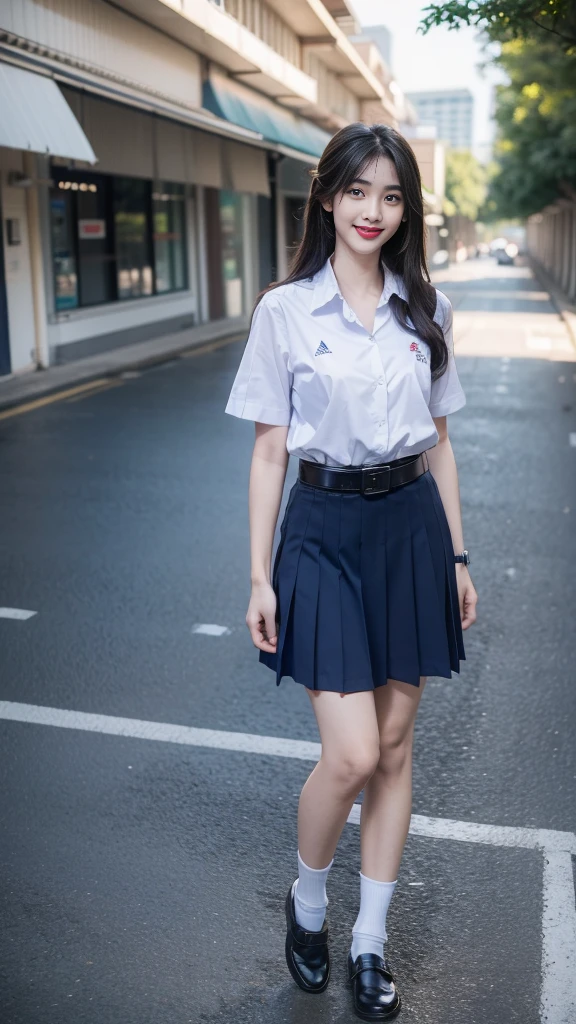 Resolution up to 8K, high definition (((long hair))), (( Thai student, half Thai-Japanese-Korean, age 18-25 years, height 173 centimeters.)), (((stand, walk)) ) , ( ( (Beautiful face, beautiful makeup, double eyelids, red lips, smile at the corners of the mouth, beautiful eyes.))), ((Beautiful woman, real figure)), ((Short sleeve, thin white shirt, collared shirt) ) )), ((Name embroidered in blue letters. On the right chest of the shirt is the name. "Pornpitak" Rungruangpiwatsakul")), ((School logo symbol on the left chest)), ((Dark blue long pleated skirt. ) Cover the whole leg)), ((กระโปรงสีกรมท่า มีbeltผู้หญิง )), ((Big breasts, breast augmentation)), ((Symmetrical body, sexy body)), ((Thin, small waist) ) , (( black elementary school shoes white short socks)), ((Wear a watch, belt)), (((Full body, look at every part of the body))), ((background balcony building school building))