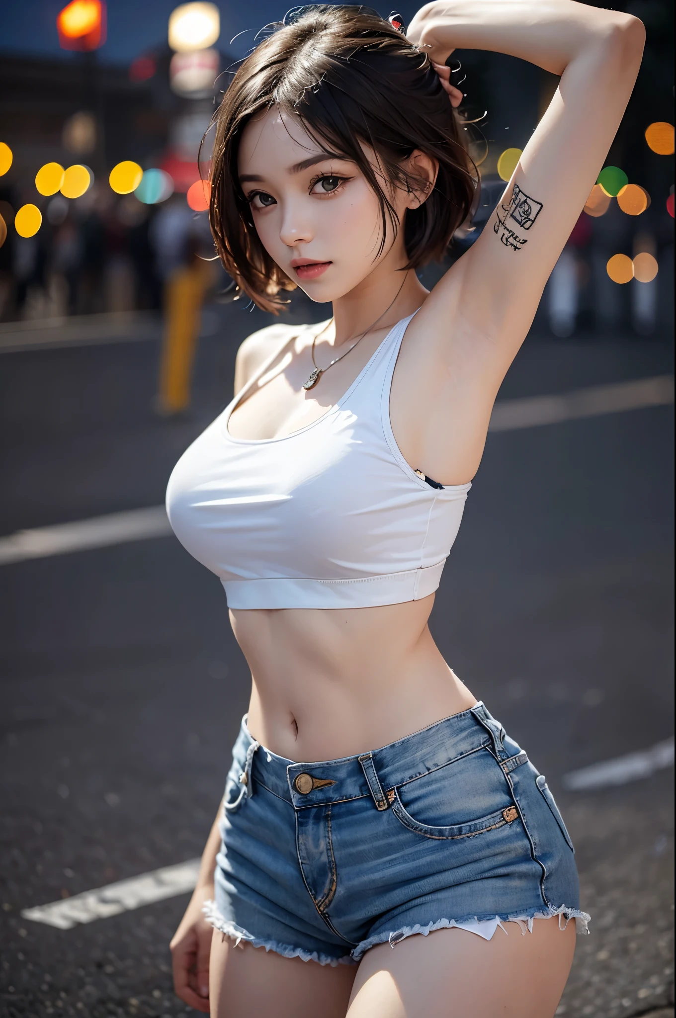 ((medium breast, tomboy girl,)),  (chiseled abs : 1.1), (perfect body : 1.1), (short wavy hair : 1.2) , auburn hair, collar, chain, full body shot, crowded street, wearing tanktop, jeans jacket, (torn clothes:1.3)((shorts)), (extremely detailed CG 8k wallpaper), (an extremely delicate and beautiful), (masterpiece), (best quality:1.0), (ultra highres:1.0),  beautiful lighting ,perfect lightning, realistic shadows, [highres], detailed skin, ultra-detailed (((colorful))),high realistic,