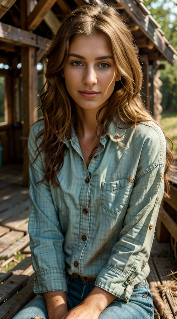 best quality, highres, ultra-detailed, professional, realistic:1.37, natural lighting, vibrant colors, bokeh, oil painting, country landscape, rustic charm, dirty hands, muddy boots, sun-kissed skin, delicate features, captivating eyes, radiant smile, graceful pose, timeless beauty, wind-blown hair, alluring charm, rough texture, intricate details, evocative atmosphere, serene expression, rugged elegance.