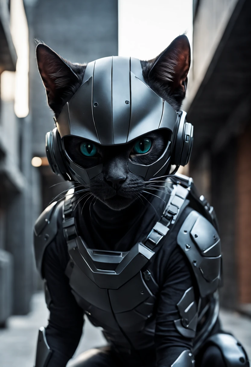 Dramatic shot of a futuristic humanoid ninja cat, stealth, Cinematic Stealth, Detailed Context Hyper-Detailed Photography, natural lighting, Nikon 70d, Diffusion souterraine, Hdr, aberration chromatique, volumetrics dtx