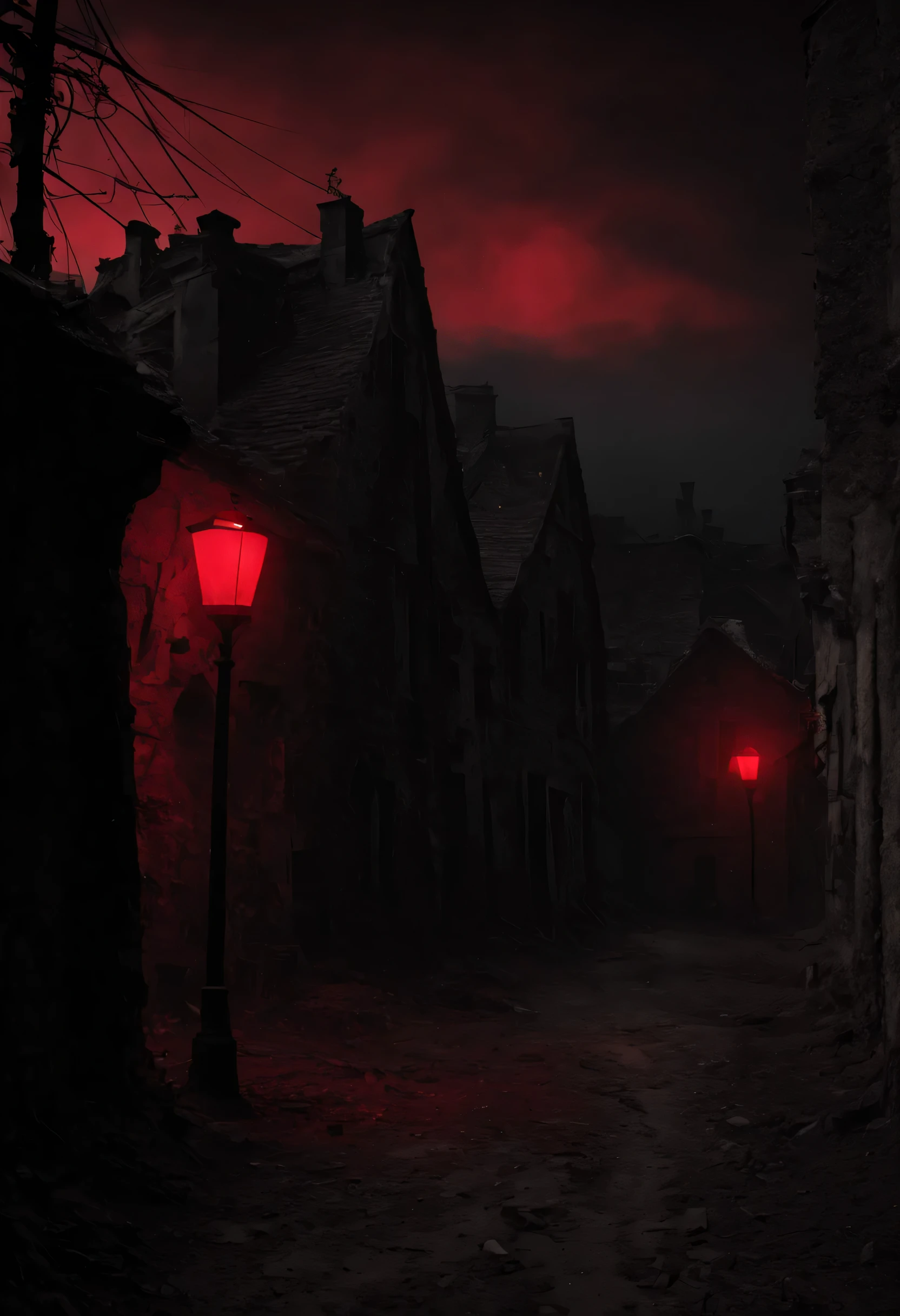 Spooky places, dark atmosphere, Pitch darkness, ghost town, creepy red streetlight, (masterpiece), (highest quality), (Ultra high detail)