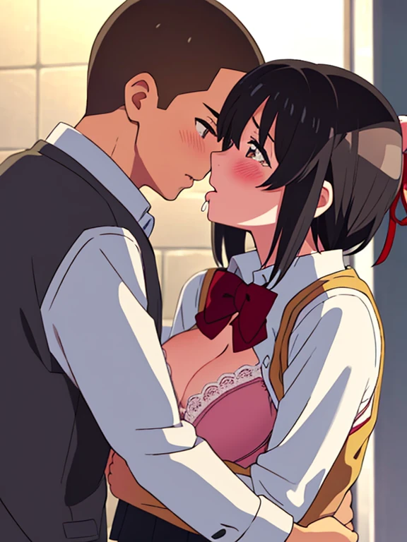 shinkai makoto, kimi no na wa., 1boy, buzzcut, white long sleeve school uniform, face to face, boy holding girl's shoulders, kiss attempt, cheek licking cheek, 1girl, mitsuha miyamizu, open eyes, tears eyes, black hair, red ribbon, red headband, short hair, blush, brown eyes, collared shirt, red bow, yellow vest ubuttoned, white long sleeve unbuttoed, open shirt, light pink bra, medium breast, indoors, passionate hug, leaning against the wall,night,