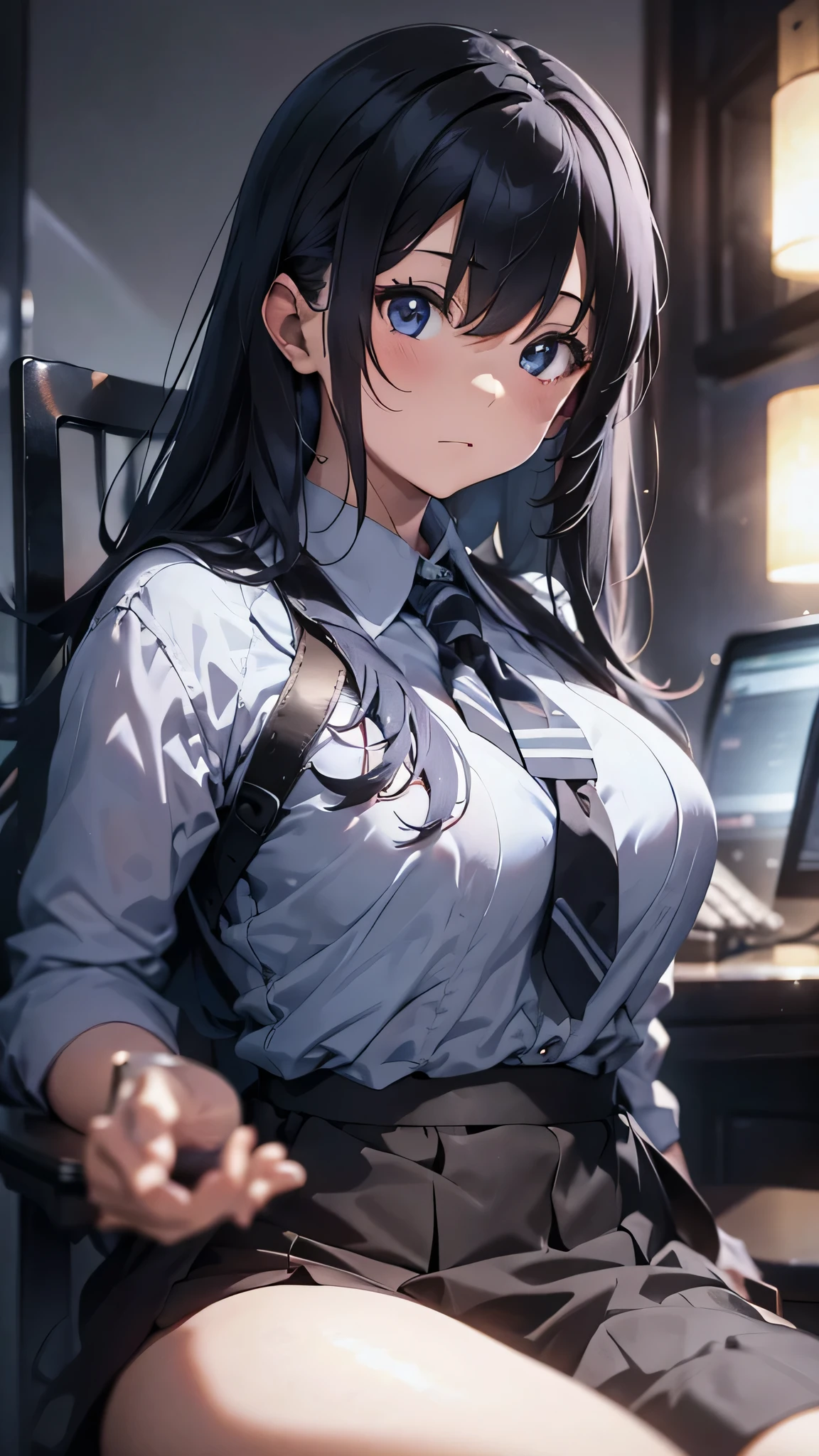 最high quality、best image quality、masterpiece、age girl((18-year-old、 By becoming、vest bust、medium bust,wide open breast tea、black eye, gray hair、long hair、thin,highest valley、Black Y-shirt、Black Recruit Suit,Have a document、look forward、sit on a chair、tired face、using a computer、take one day off'jaw on one'jaw、Dark circles in the eyes、dye one'cheeks are red)),high quality、beautiful art、background((company office、Office Machines、office chair、Laptop、Office at night))debris flies、Depth of written boundary、movie、visual art、perfect art、8K,genuine