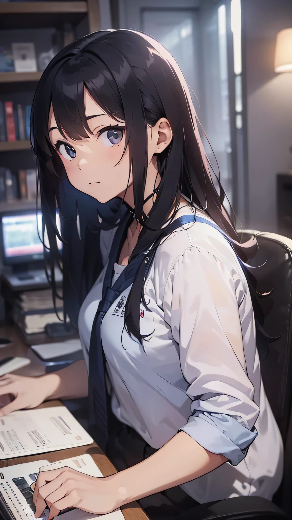 最high quality、best image quality、masterpiece、age girl((18-year-old、 By becoming、vest bust、medium bust,wide open breast tea、black eye, gray hair、long hair、thin,highest valley、Black Y-shirt、Black Recruit Suit,Have a document、look forward、sit on a chair、tired face、using a computer、take one day off'jaw on one'jaw、Dark circles in the eyes、dye one'cheeks are red)),high quality、beautiful art、background((company office、Office Machines、office chair、Laptop、Office at night))debris flies、Depth of written boundary、movie、visual art、perfect art、8K,genuine