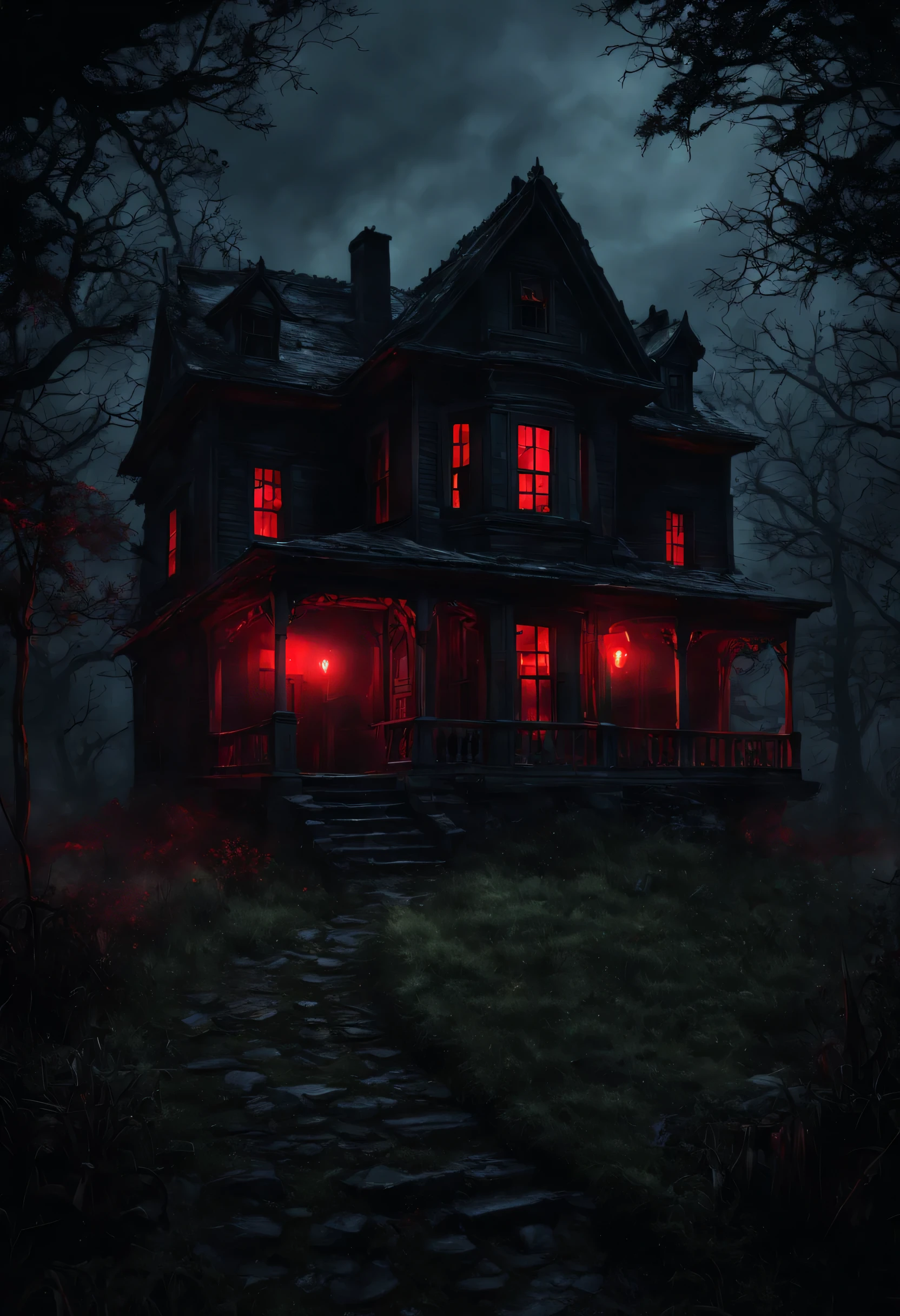 Spooky places, dark atmosphere, Pitch darkness, house with creepy red lights, (masterpiece), (highest quality), (Ultra high detail)