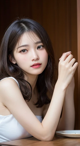 table top, highest quality, figure, Super detailed, finely, High resolution, 8k wallpaper, 完璧なダイナミックな構figure, detailed and beautiful eyes, ladies fashion summer,ponytail hair,small breasts natural color lip, bold sexy pose,smile,20 year old girl、cute、sexy shot looking at camera,wake up,Near-realistic quality,blonde,Eyes to the left,A bit of sharp beauty,don't wear clothes,topless nude
