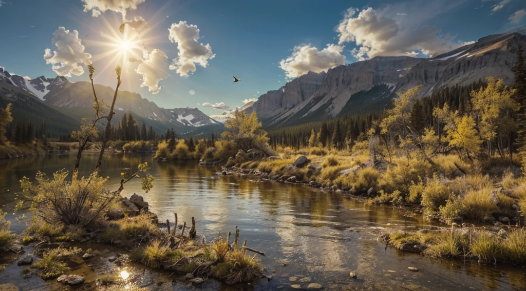 clear river, rocky mountains, grass, sunny sky, birds flying in the sky  