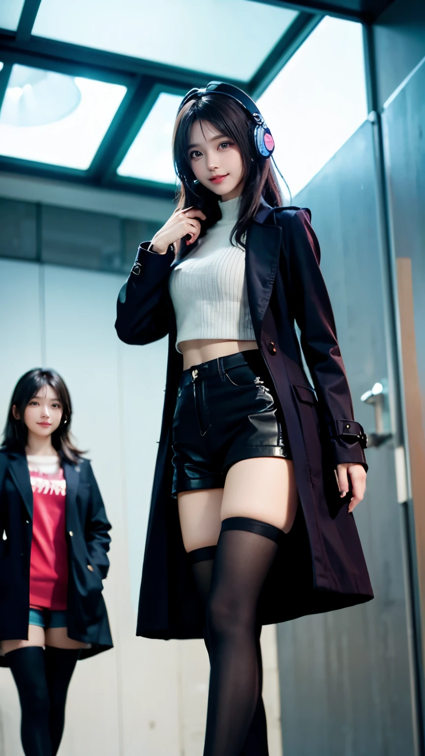 Carrot、Supermodel、Perfect build、Muchimuchi、Three girls are looking at the viewer、 3 girls、、Thighhighs、beautiful feet、hot pants、coat、cyber punk、headphone、gentle smile、Seen by girls from below、Innocent face