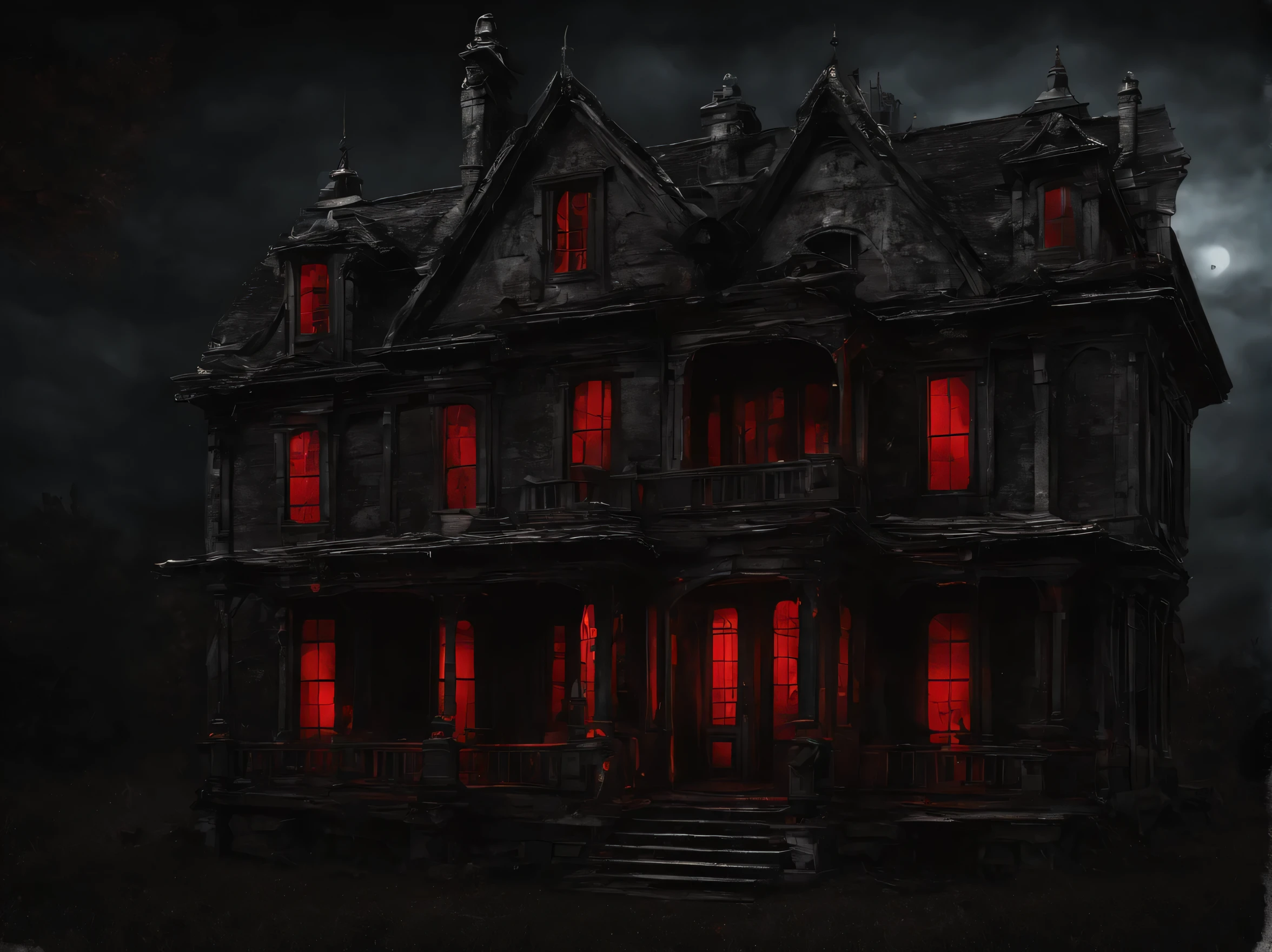 Spooky places, dark atmosphere, Pitch darkness, house with creepy red lights, (masterpiece), (highest quality), (Ultra high detail)