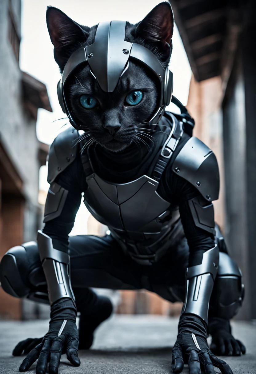 Dramatic shot of a futuristic humanoid ninja cat, stealth, Cinematic Stealth, Detailed Context Hyper-Detailed Photography, natural lighting, Nikon 70d, Diffusion souterraine, Hdr, aberration chromatique, volumetrics dtx