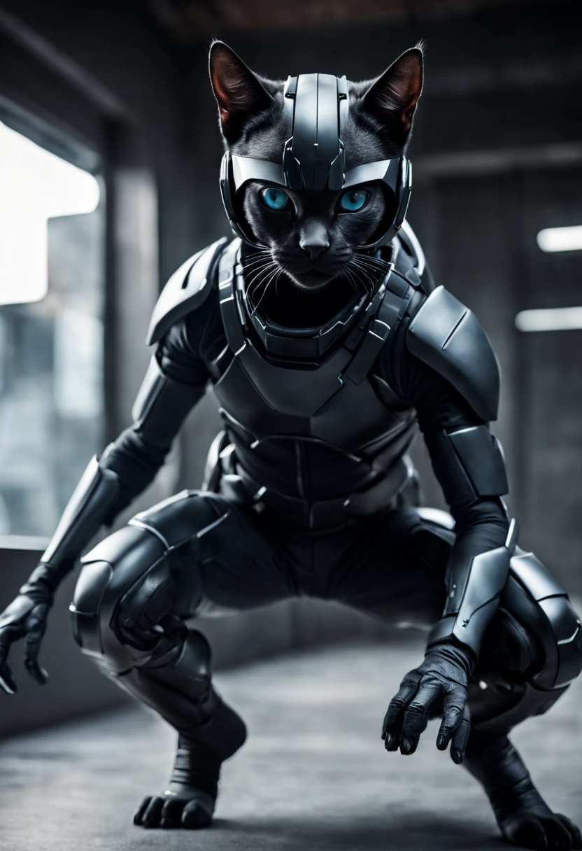 Dramatic shot of a futuristic humanoid ninja cat, stealth, Cinematic Stealth, Detailed Context Hyper-Detailed Photography, natural lighting, Nikon 70d, Diffusion souterraine, Hdr, aberration chromatique, volumetrics dtx