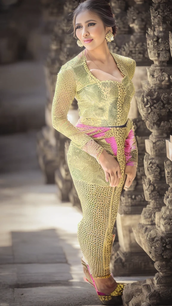 (8k, RAW photo, best quality, masterpiece:1.2),woman, portrait of woman wearing kebaya_bali in traditional black long kebaya, red lipstick, gold necklace, earrings, decoration, detail, flowers, blurred background, soft focus,SFW:1.3),(Full Body:1.7),(cute face:1.3),(big breasts:1.3),(high heels:1.3),(big hips1.3), (medium thighs:1.3),(covered breasts:1.3),(bust cleavage:1.1),(lipgloss:1.3),(Cute eyes:1.3),(Red lips:1.3),(Smooth skin texture:1.3),( Precise and perfect human anatomy: 1.3),(Beautiful and perfect facial features: 1.3), (Long eyelashes: 1.3),(Red lips: 1.3),(Shiny and textured lips: 1.3),(Smooth skin texture: 1.3),(earrings: 1.3),(Beautiful detailed eyes: 1.3),(Natural Color Lips: 1.3),(Beautiful face: 1.3),(kebaya_bali:1.7),(look straight into the camera:1.3)