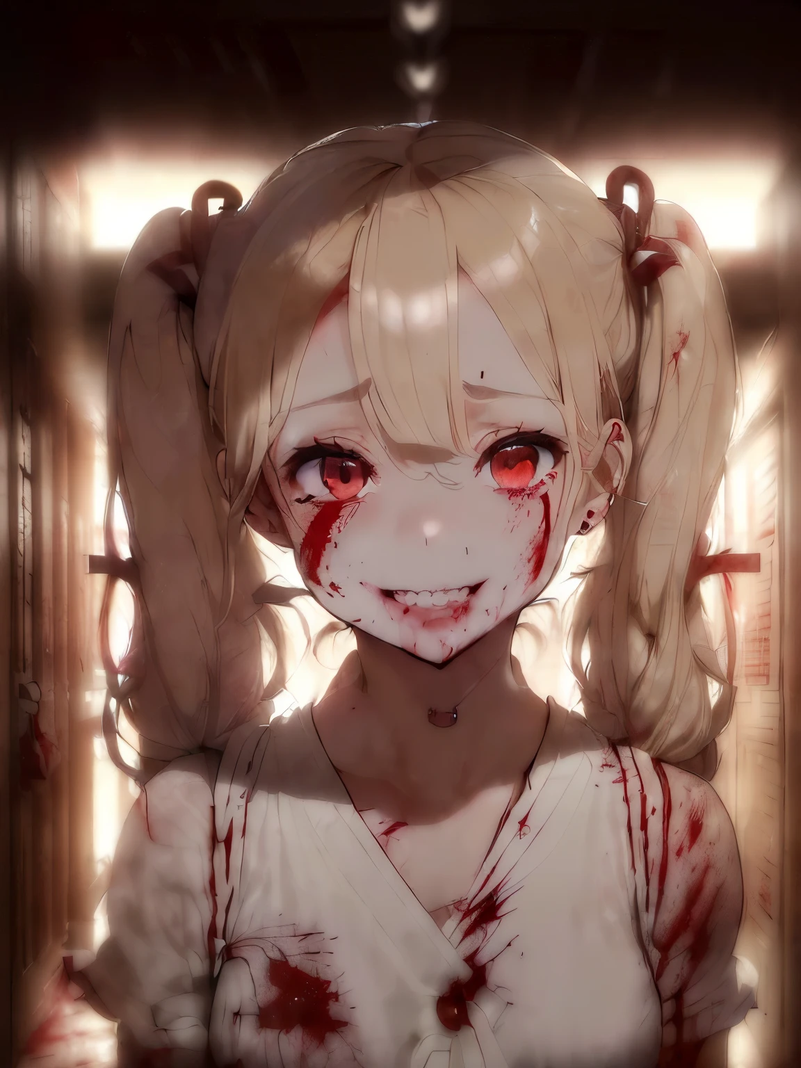 ((The entire hallway is covered in blood.:1.5)),((A dimly lit hallway where the lights are about to go out:1.6)),(curly blonde hair:1.3),((Twin tails with one side knotted:1.5)),((Shedding tears of blood:1.3)),((Red eyes wet with blood 1.6)),((close up of face:1.6)),((eyes close up:1.3)),((toothy smile:1.3)),((face full of joy:1.2)),