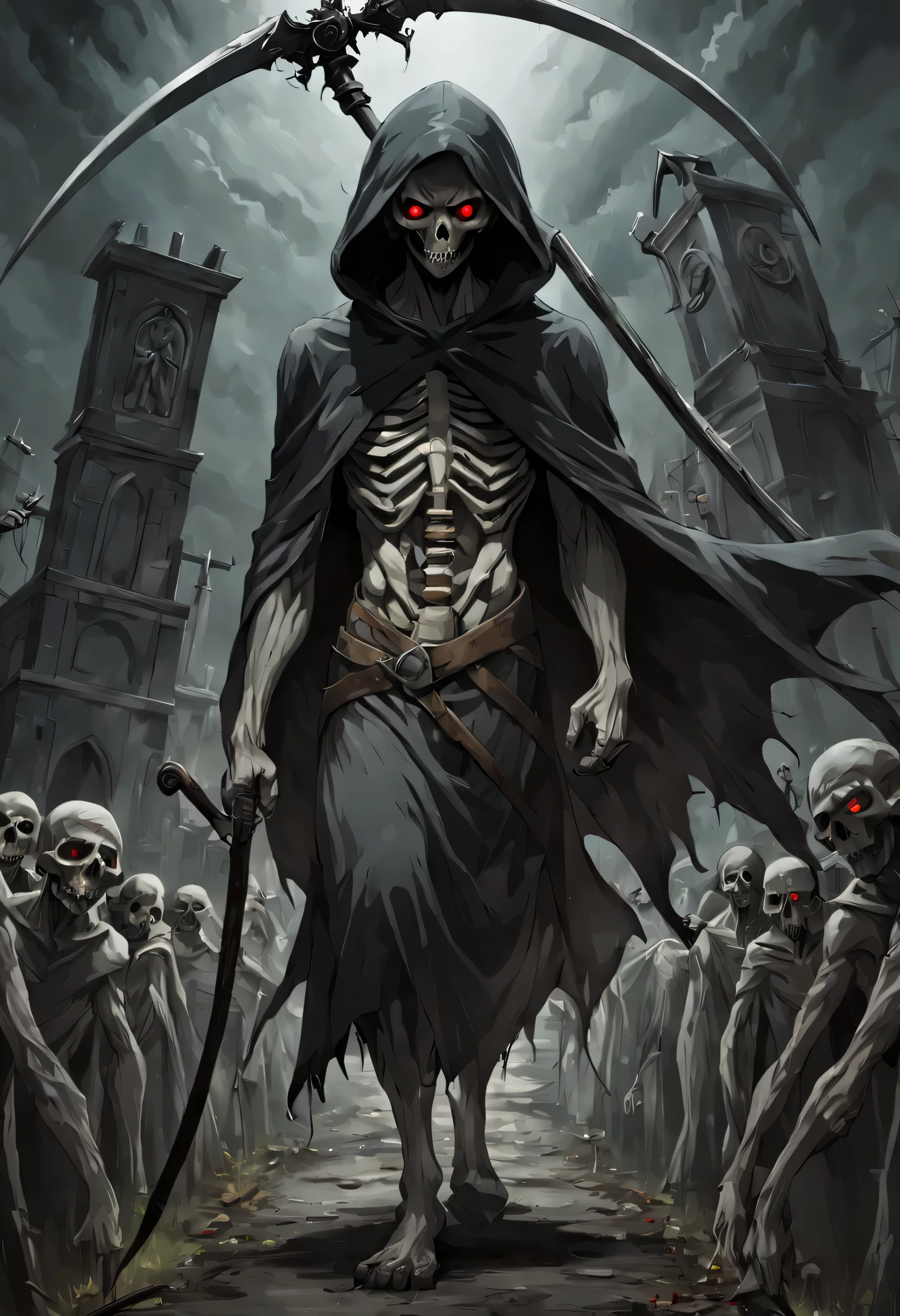 Spooky places, dark atmosphere, Complete darkness, cemetery, the strongest god of death, the scythe, hooded cloak, Red eyed zombie walking around the grim reaper, (masterpiece), (highest quality), (ultra high detail), wide shot