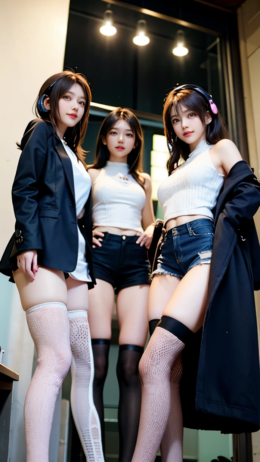 Carrot、Supermodel、Perfect build、Muchimuchi、Three girls are looking at the viewer、 3 girls、、Thighhighs、beautiful feet、hot pants、coat、cyber punk、headphone、gentle smile、Seen by girls from below、Innocent face