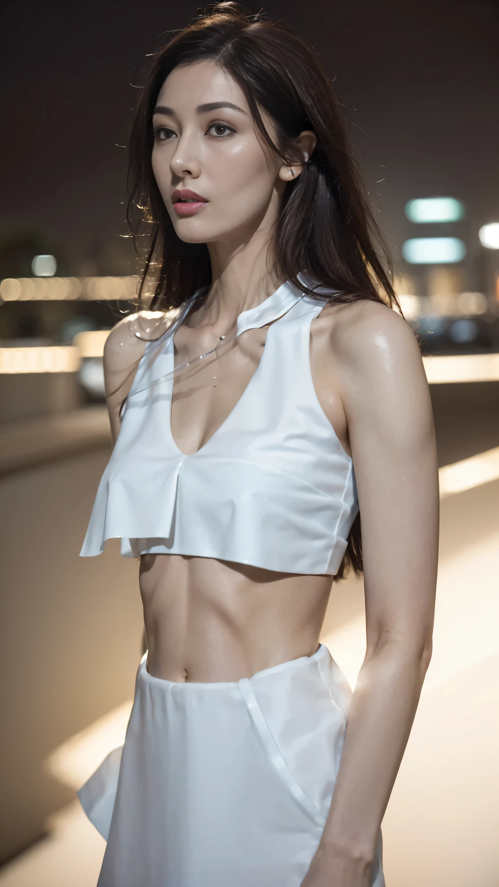 ((Realistic lighting, best quality, 8k, masterpiece: 1.3)), clear focus: 1.2, 1 girl, Perfect body: 1.4, slim abs: 1.1, ((dark brown hair)), (white crop top: 1.4), (outdoor, night: 1.1), city street, The face is super delicate, beautiful eyes, double eyelids,