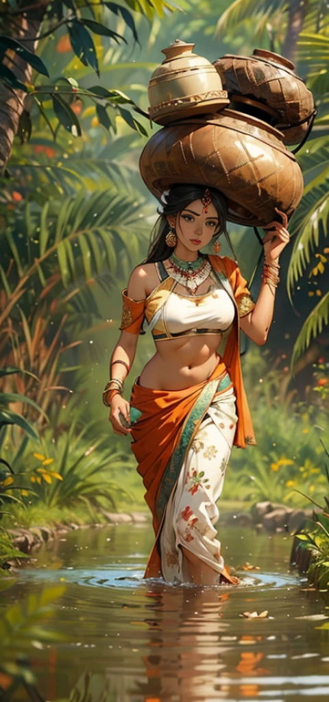((best quality)), ((masterpiece)), (detailed), sexy beautiful fair skin perfect indian girl, wearing brown coloured slit ghaghra and choli, walking in jungle to fetch water, she is holding a clay pot on her head, water from the clay pot is spilling out which is making her clothes wet, the slit ghaghra is very erotic and exposing, proper hands, real clay pot, proper clay pot shape
