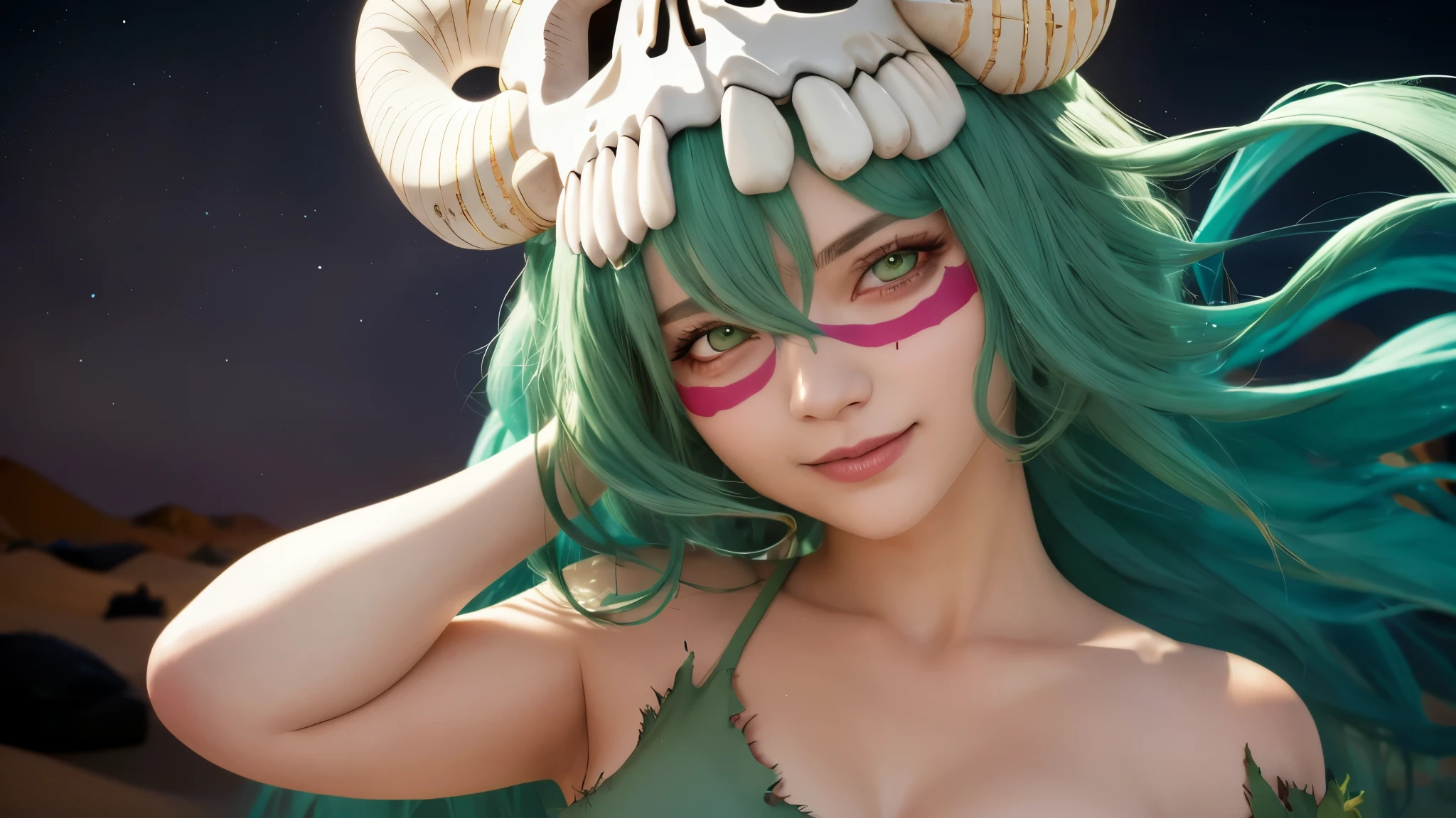 highest quality, 8K, Super detailed, photorealistic, Nelliel orders Schwank, green hair, yellow eyes, skull, Face mark, smile, parted lips, Happy, torn clothes, desert, white sand, Pitch Black Sky, 【Pitch Black Sky】************