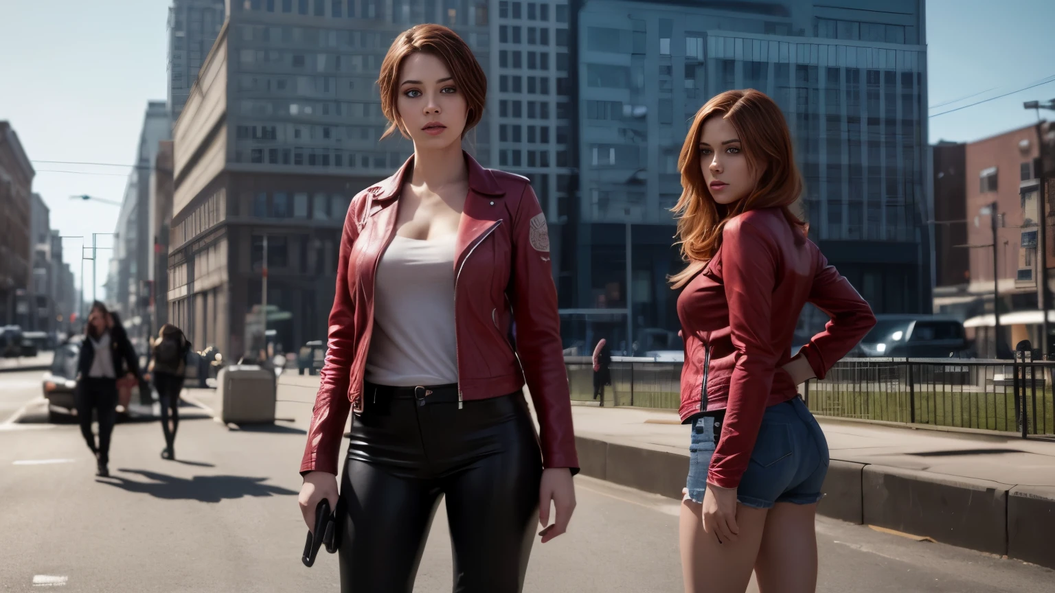 Resident Evil, Apocalyptic city, Beautiful Claire Redfield being by a beautiful woman full body pink skin medium red hair, tight clothing red leather jacket, holster holding a gun, realistic detailed face body clear image Highly detailed CGI 8K, hologram, ( medium breasts:1.3), (realism:1.5), (Realisitc:1.4), (Absurdity:1.4), 8k, ultra-detailed, beautiful girl detailed, (1:1.4 only), 1 girl, (Viewer facing:1.2 ), (bright sunny day:1.5), Intricate body details, (short:1.3), (best quality: 1.0), (Ultra Highres): 1.0), highly detailed face and eyes, (photorealistic: 1.2)